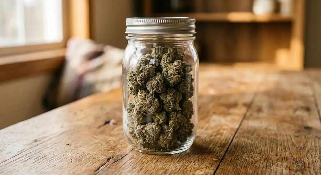 Cured Skywalker OG autoflower buds in glass jar showing trichome coverage, orange hairs, and proper moisture content after drying