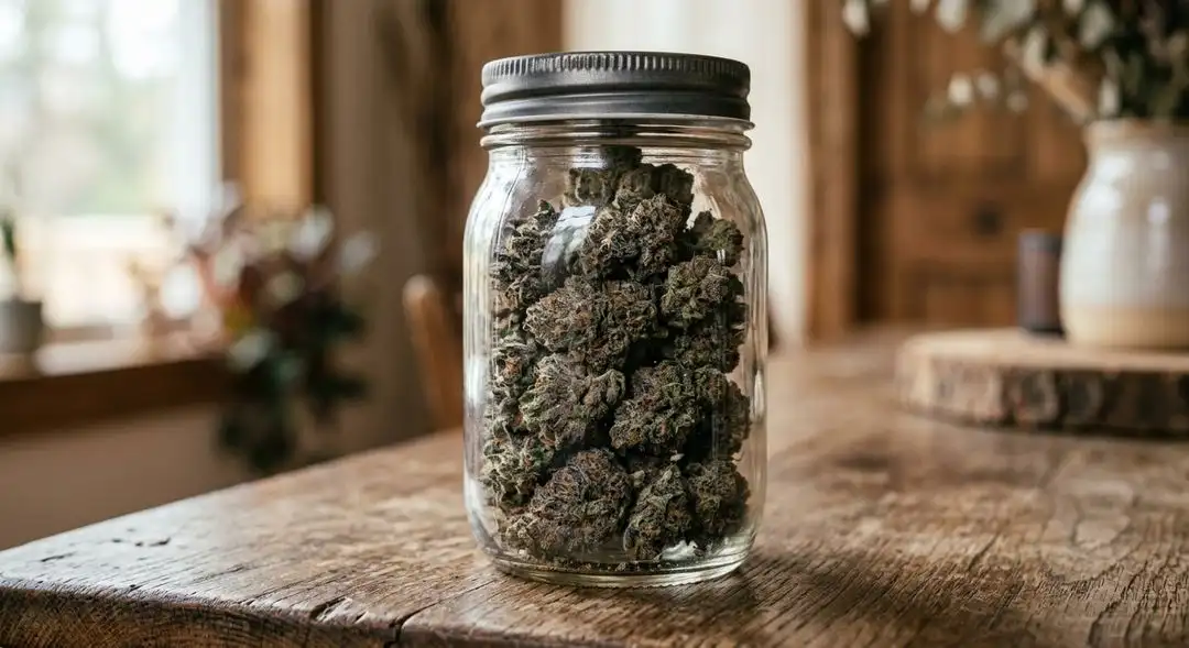 Properly cured Sour Tsunami cannabis buds in a glass jar showing resinous trichomes and green-purple coloration after slow dry