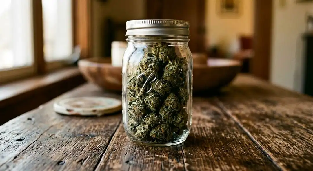 Cured Strawberry Banana cannabis buds in a glass jar showing dense trichome coverage and vibrant orange hairs