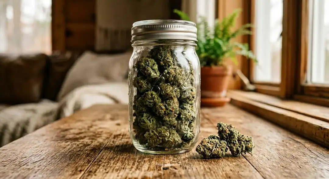 Cured Strawberry Cough feminized buds showing dense trichome coverage, bright orange pistils, and deep green calyxes with visible resin development