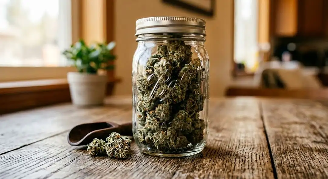 Cured Strawberry Kush cannabis buds showing dense, resin-coated indica structure with visible trichome coverage and orange pistils