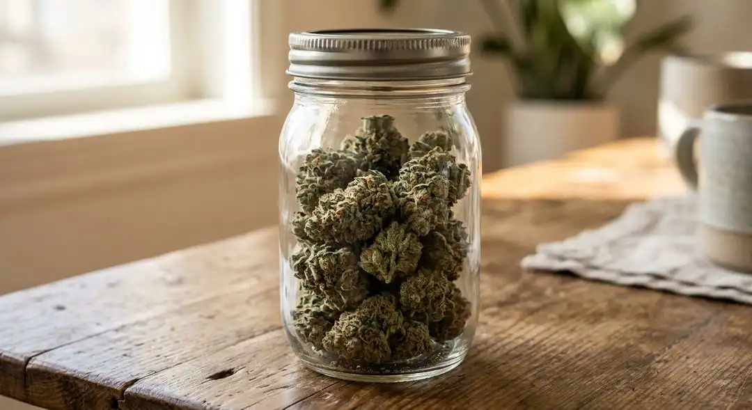 Cured Sunset Sherbet cannabis buds in a glass jar showing rich trichome coverage, orange hairs, and deep purple and green hues