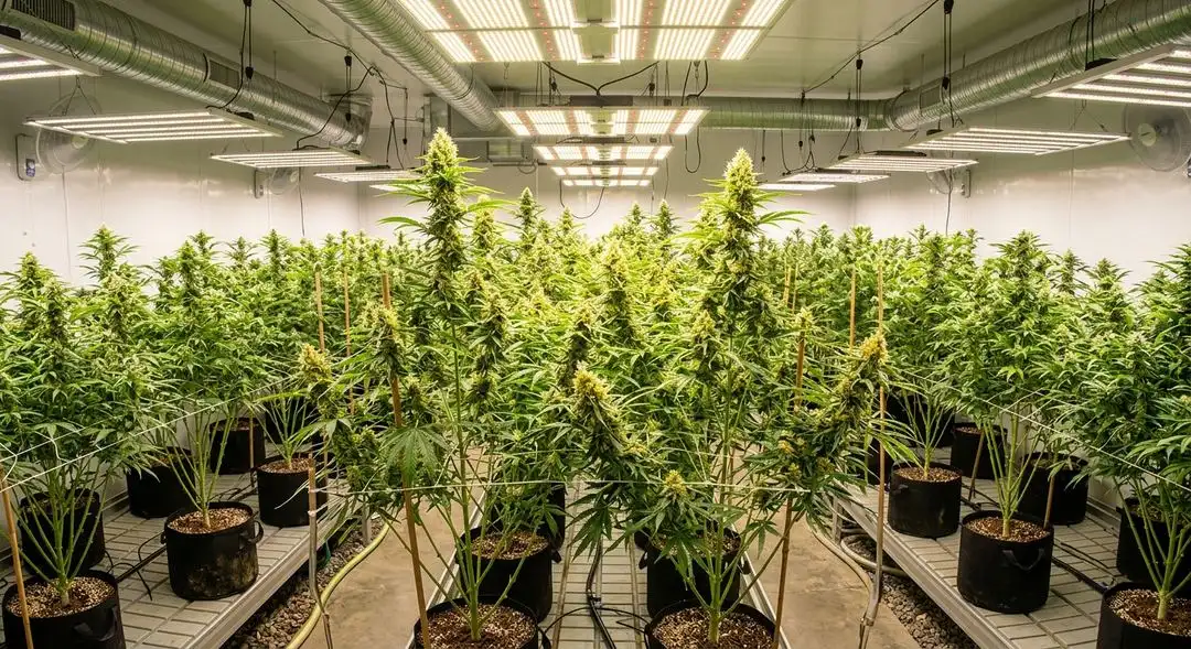 Super Lemon Haze cannabis plants with tall sativa structure under grow lights