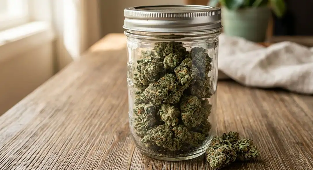 Cured Super Silver Haze buds showing dense trichome coverage, orange pistils, and pale green calyx structure under close lighting