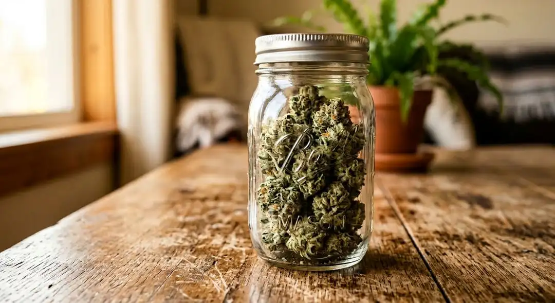Cured Super Skunk cannabis buds in a glass jar showing amber trichomes, deep green coloration, and dense resinous structure
