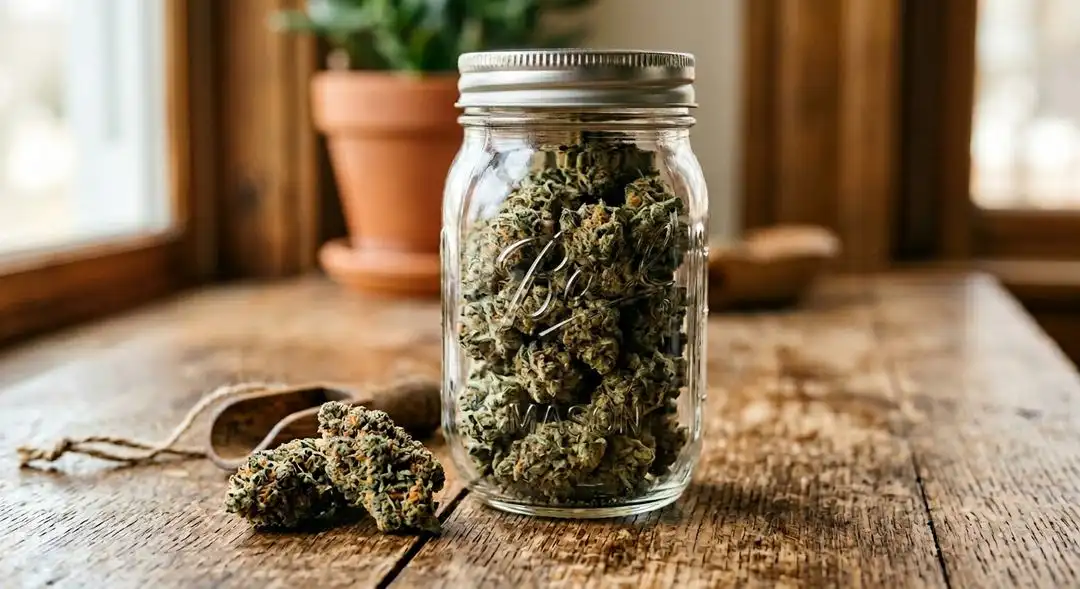 Cured Swiss Cheese Autoflower cannabis buds in a glass jar showing dense structure and amber trichomes after proper drying
