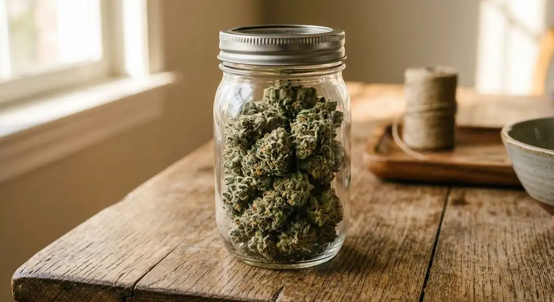 Properly cured Swiss Miss cannabis buds in a glass jar showing amber trichomes and vibrant green color with orange hairs