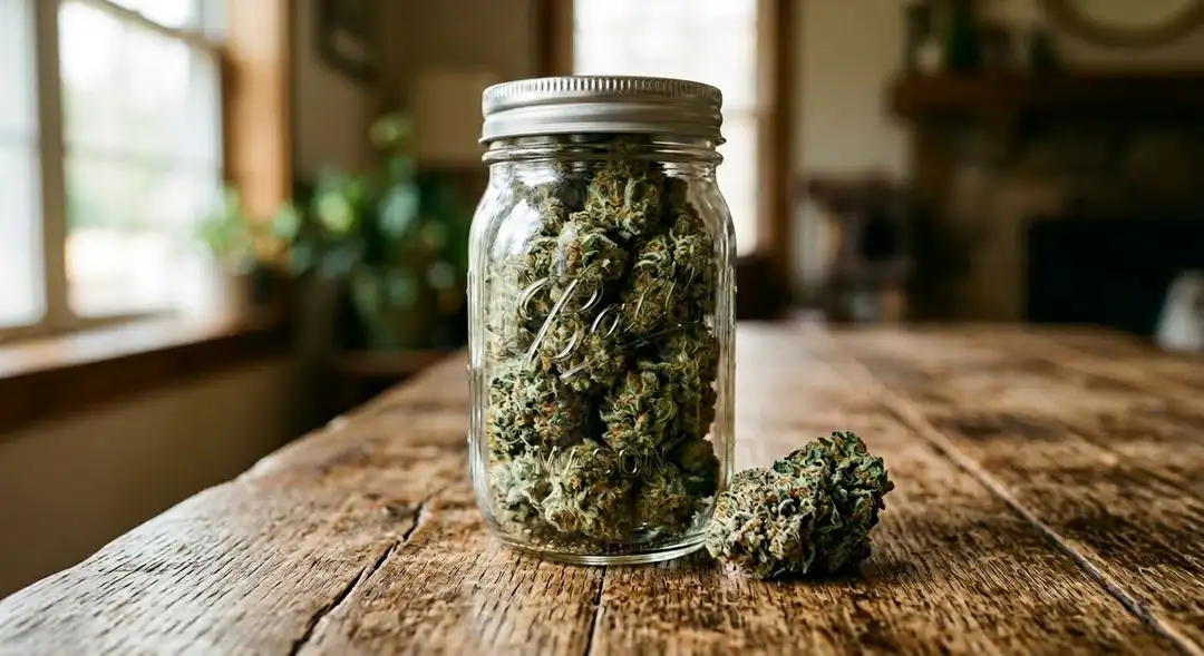 Cured Tahoe OG cannabis buds close-up showing milky trichomes, orange pistils, and rich green and purple coloration