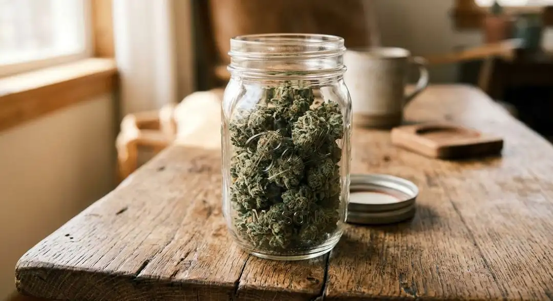 Cured THC Bomb cannabis buds showing dense structure, heavy trichome coverage, and amber pistils at peak ripeness