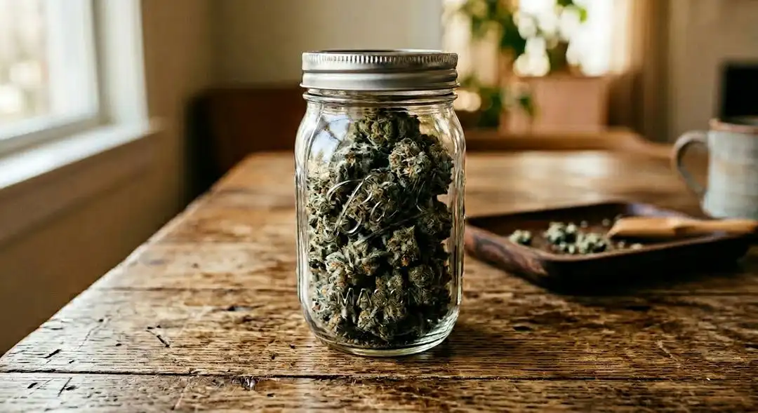 Cured Waikiki Queen cannabis buds in a glass jar showing trichome-rich flowers with tropical orange pistils
