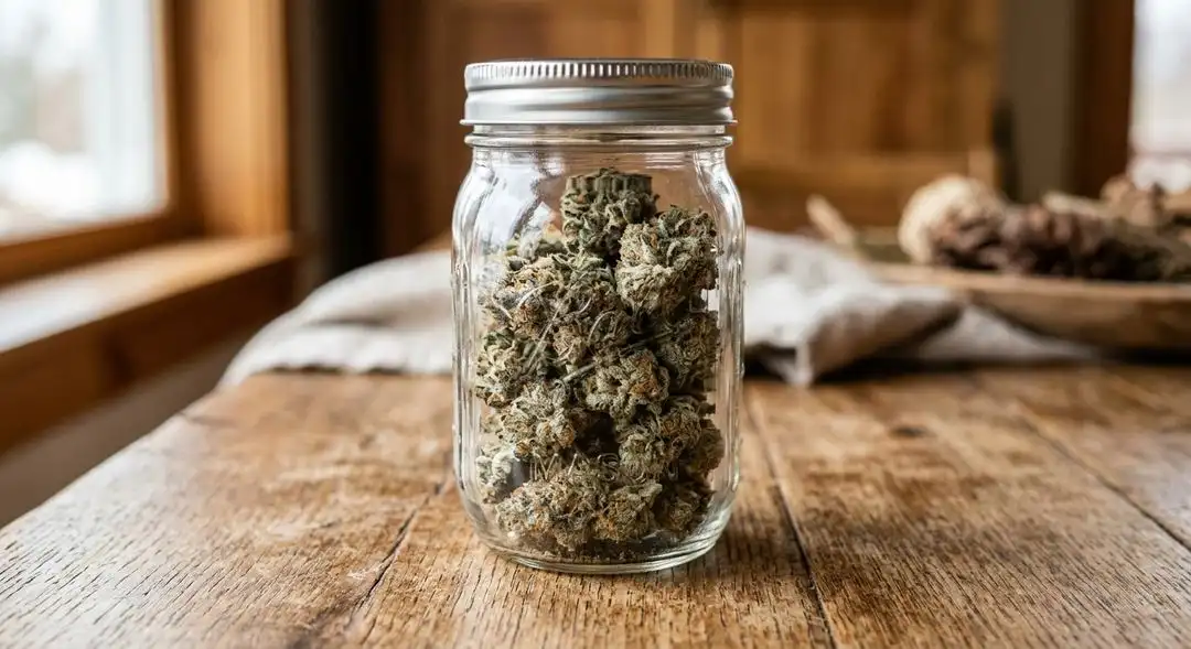 Cured White Cookies cannabis buds in a glass jar showing dense frosty trichomes, orange hairs, and deep green coloration