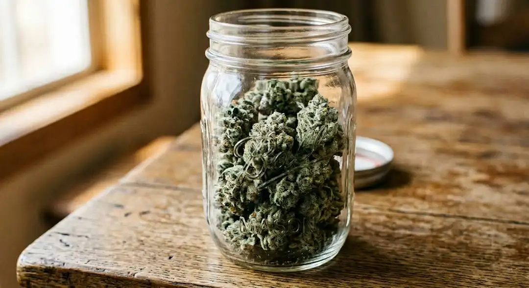 Cured White LSD Autoflower cannabis buds in a glass jar showing dense trichome coverage and golden amber hairs