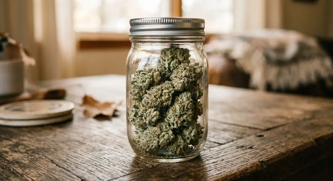 Properly cured White Rose cannabis buds in a glass jar showing dense resin-coated structure with earthy green and amber trichomes