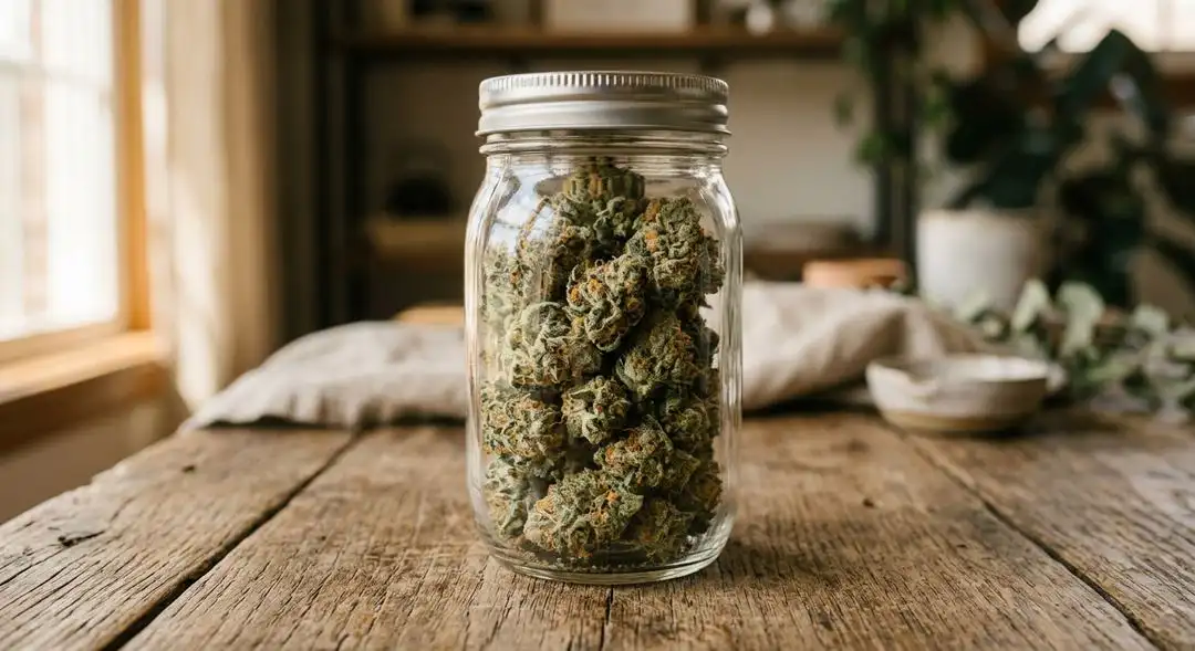 Cured White Widow cannabis buds in glass jar with white trichomes