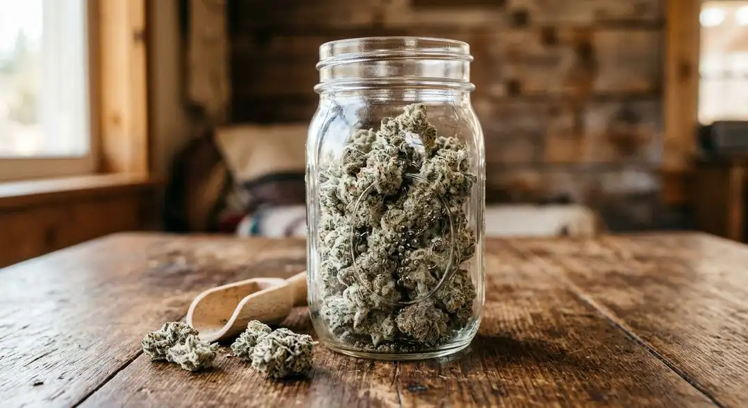 Cured White Widow XTRM cannabis buds in a glass jar showing dense white trichome coverage and amber pistils after harvest